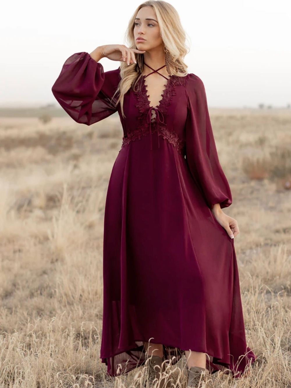 Joyfolie Burgundy Lace Maxi Dress Bishop Sleeve High Low Boho M⁠